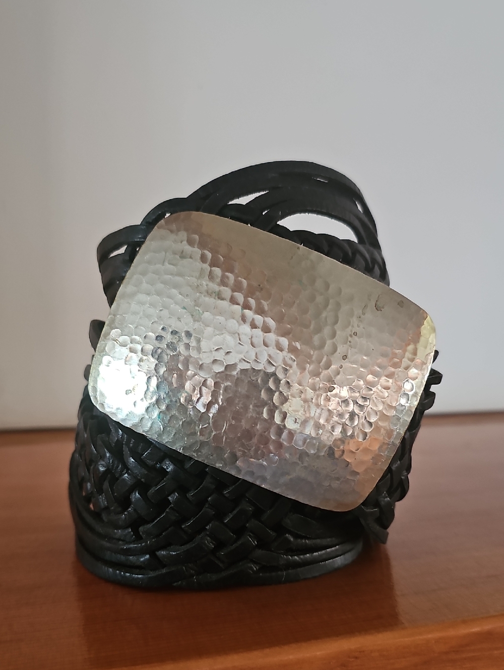 Handmade Black Braided Leather Belt with Hammered Silver Buckle